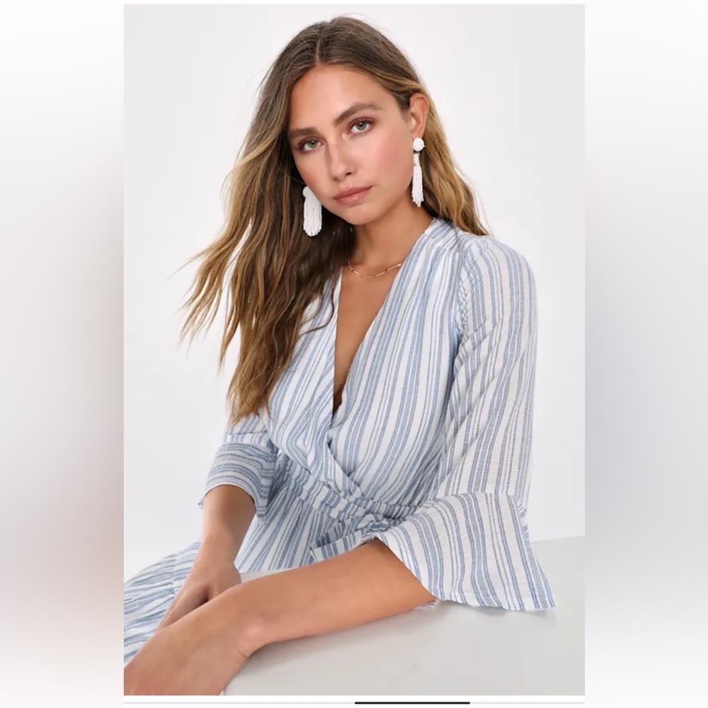 Lulus Blue and White Striped Wrap Dress with Bell Sleeves - Picture 4 of 7